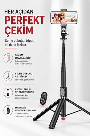 LEVONG 176 cm Selfie Çubuğu ENT Tripod Manyetik Kumandalı Telefon Standı LE-76