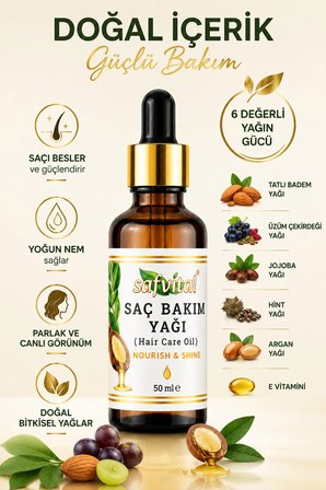Saç Bakım Yağı 50 ml Argan Jojoba Hint Üzüm Çekirdeği Tatlı Badem İçeren Besleyici Güçlendirici E Vitaminli Serum