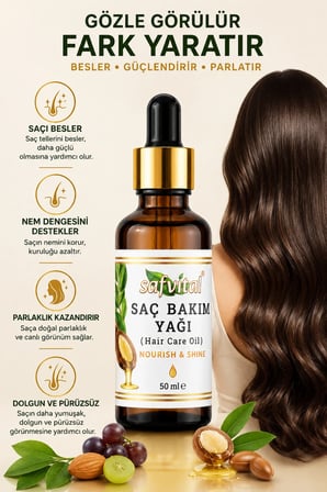 Saç Bakım Yağı 50 ml Argan Jojoba Hint Üzüm Çekirdeği Tatlı Badem İçeren Besleyici Güçlendirici E Vitaminli Serum