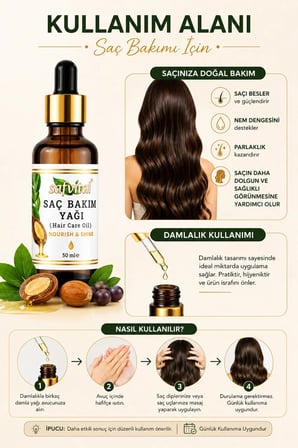 Saç Bakım Yağı 50 ml Argan Jojoba Hint Üzüm Çekirdeği Tatlı Badem İçeren Besleyici Güçlendirici E Vitaminli Serum