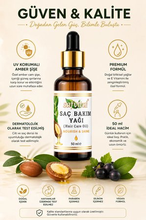 Saç Bakım Yağı 50 ml Argan Jojoba Hint Üzüm Çekirdeği Tatlı Badem İçeren Besleyici Güçlendirici E Vitaminli Serum