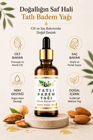 Tatlı Badem Yağı 50 ML Soğuk Pres Cilt Bakım Yağı Saç Bakım Yağı Nemlendirici Doğal Bitkisel Bakım Premium Bakım