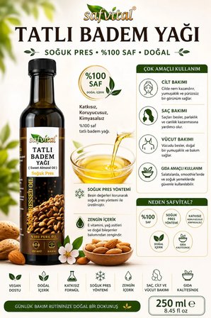Tatlı Badem Yağı 250 Ml Soğuk Pres  Bitkisel Doğal Bakım Ve Premium Gıda Kalitesinde Yağ