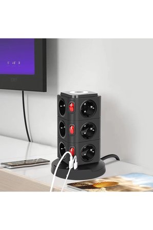 Akım Korumalı Priz Kablosuz Şarj İstasyonu 12xSoket 1xUSB 2xType-C 2 MT Kablolu Grup Priz Çoğaltıcı
