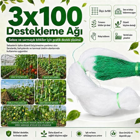 Salatalık Sebze Bitki Çiçek Sarmaşık Asma Tırmanma Destek Ağı 3x100M UV Dayanımlı ve Yüksek Verimli Destek File Sistemi SN-38881