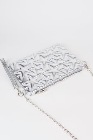 Kadın Gümüş Yıldız Nakışlı Rugan Deri Bilek Ve Zincir Askılı Portföy El Ve Clutch Çanta