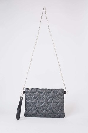 Kadın Füme Simli Yıldız Nakışlı Suni Deri Bilek Ve Zincir Askılı Portföy El Ve Clutch Çanta