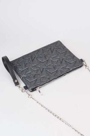 Kadın Füme Simli Yıldız Nakışlı Suni Deri Bilek Ve Zincir Askılı Portföy El Ve Clutch Çanta