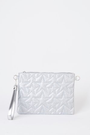 Kadın Gümüş Simli Yıldız Nakışlı Suni Deri Bilek Ve Zincir Askılı Portföy El Ve Clutch Çanta