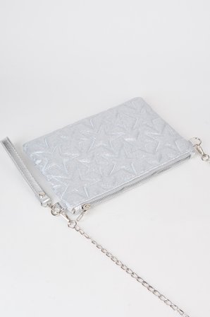 Kadın Gümüş Simli Yıldız Nakışlı Suni Deri Bilek Ve Zincir Askılı Portföy El Ve Clutch Çanta
