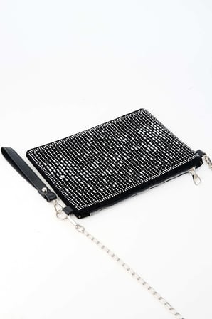 Kadın Dikey Gümüş Taşlı Süet Bilek Askılı Ve Zincir Askılı Portföy El Ve Clutch Çanta
