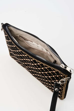 Kadın Kapitone Altın Taşlı Süet Bilek Askılı Ve Zincir Askılı Portföy El Ve Clutch Çanta
