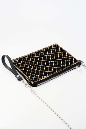 Kadın Kapitone Altın Taşlı Süet Bilek Askılı Ve Zincir Askılı Portföy El Ve Clutch Çanta