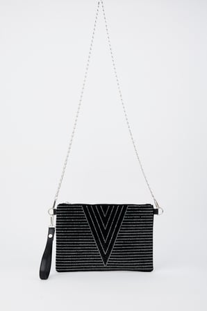 Kadın V Gümüş Taşlı Süet Bilek Askılı Ve Zincir Askılı Portföy El Ve Clutch Çanta