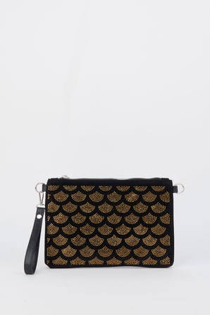 Kadın Yelpazer Altın Taşlı Süet Bilek Askılı Ve Zincir Askılı Portföy El Ve Clutch Çanta