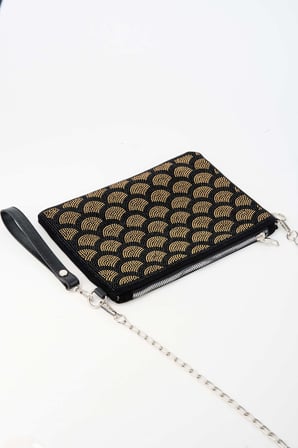 Kadın Yelpazer Altın Taşlı Süet Bilek Askılı Ve Zincir Askılı Portföy El Ve Clutch Çanta