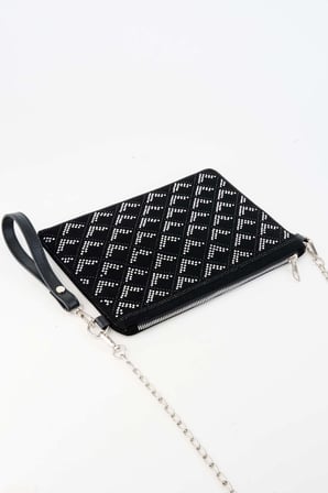 Kadın Sıralı V Gümüş Taşlı Süet Bilek Askılı Ve Zincir Askılı Portföy Ve Clutch Çanta
