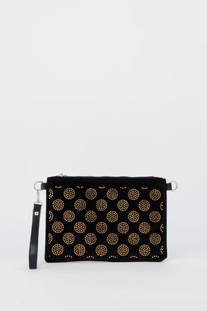 Kadın Puantiyeli Altın Taşlı Süet Bilek Askılı Ve Zincir Askılı Portföy El Ve Clutch Çanta