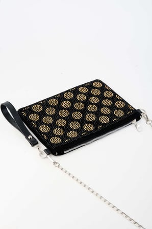 Kadın Puantiyeli Altın Taşlı Süet Bilek Askılı Ve Zincir Askılı Portföy El Ve Clutch Çanta
