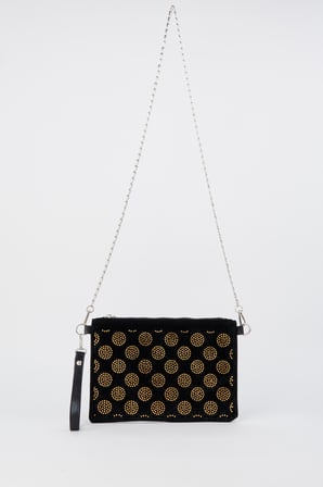 Kadın Puantiyeli Altın Taşlı Süet Bilek Askılı Ve Zincir Askılı Portföy El Ve Clutch Çanta