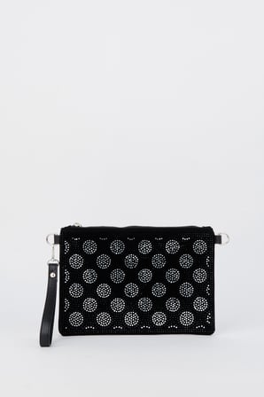 Kadın Puantiyeli Gümüş Taşlı Süet Bilek Askılı Ve Zincir Askılı Portföy Ve Clutch Çanta