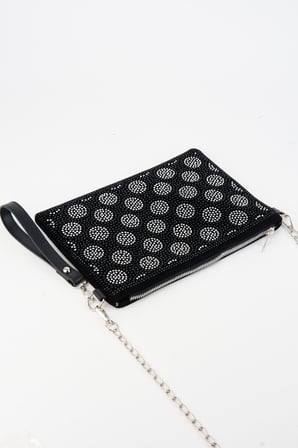 Kadın Puantiyeli Gümüş Taşlı Süet Bilek Askılı Ve Zincir Askılı Portföy Ve Clutch Çanta