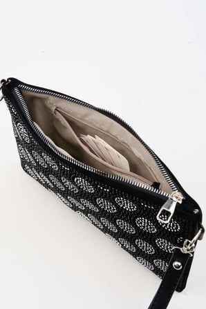 Kadın Puantiyeli Gümüş Taşlı Süet Bilek Askılı Ve Zincir Askılı Portföy Ve Clutch Çanta