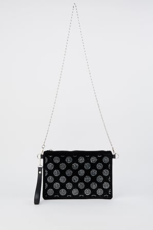 Kadın Puantiyeli Gümüş Taşlı Süet Bilek Askılı Ve Zincir Askılı Portföy Ve Clutch Çanta