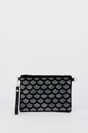 Kadın Yelpaze Gümüş Taşlı Süet Bilek Askılı Ve Zincir Askılı Portföy El Ve Clutch Çanta