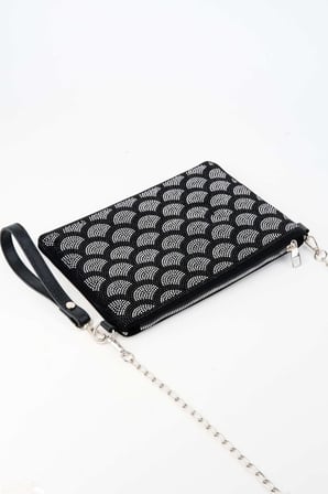 Kadın Yelpaze Gümüş Taşlı Süet Bilek Askılı Ve Zincir Askılı Portföy El Ve Clutch Çanta