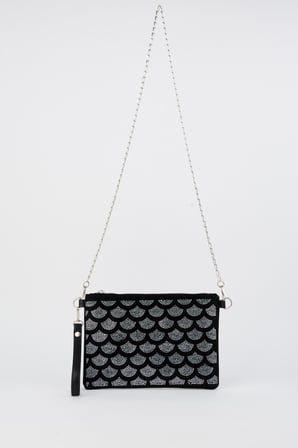 Kadın Yelpaze Gümüş Taşlı Süet Bilek Askılı Ve Zincir Askılı Portföy El Ve Clutch Çanta