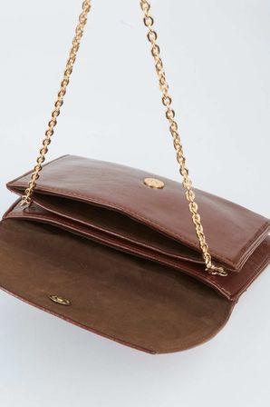 Kadın Kahve Zarf Tasarım 2 Bölmeli Mini Zincir Askılı Çıt Çıt Kapama Clutch Ve El Çantası