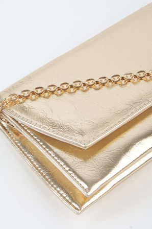 Kadın Gold Zarf Tasarım 2 Bölmeli Mini Zincir Askılı Çıt Çıt Kapama Clutch Ve El Çantası
