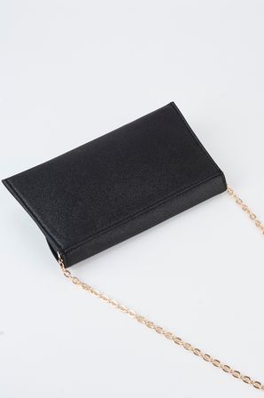 Kadın Siyah Simli Zarf Tasarım 2 Bölmeli Mini Zincir Askılı Çıt Çıt Kapama Clutch Ve El Çantası