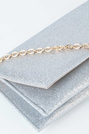 Kadın Gümüş Simli Zarf Tasarım 2 Bölmeli Mini Zincir Askılı Çıt Çıt Kapama Clutch Ve El Çantası