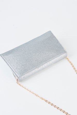 Kadın Gümüş Simli Zarf Tasarım 2 Bölmeli Mini Zincir Askılı Çıt Çıt Kapama Clutch Ve El Çantası