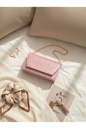 Kadın Pembe Simli Zarf Tasarım 2 Bölmeli Mini Zincir Askılı Çıt Çıt Kapama Clutch Ve El Çantası
