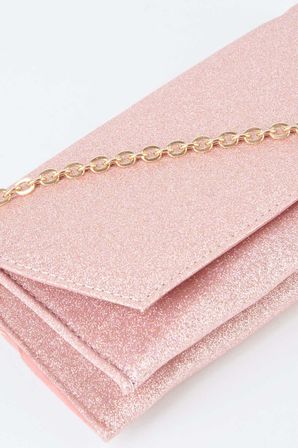 Kadın Pembe Simli Zarf Tasarım 2 Bölmeli Mini Zincir Askılı Çıt Çıt Kapama Clutch Ve El Çantası