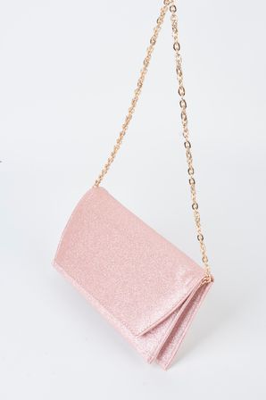 Kadın Pembe Simli Zarf Tasarım 2 Bölmeli Mini Zincir Askılı Çıt Çıt Kapama Clutch Ve El Çantası