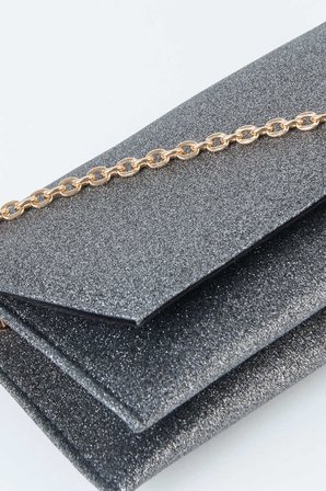 Kadın Gri Simli Zarf Tasarım 2 Bölmeli Mini Zincir Askılı Çıt Çıt Kapama Clutch Ve El Çantası