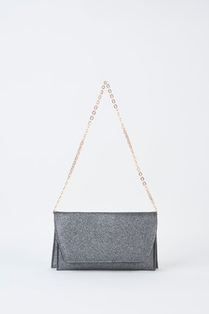 Kadın Gri Simli Zarf Tasarım 2 Bölmeli Mini Zincir Askılı Çıt Çıt Kapama Clutch Ve El Çantası