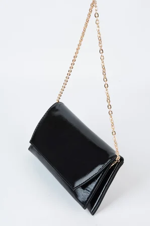 Kadın Siyah Rugan Zarf Tasarım 2 Bölmeli Mini Zincir Askılı Çıt Çıt Kapama Clutch Ve El Çantası