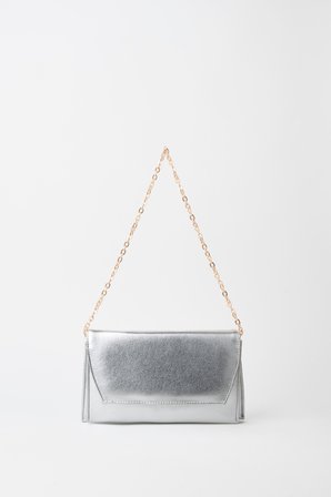 Kadın Gümüş Rugan Zarf Tasarım 2 Bölmeli Mini Zincir Askılı Çıt Çıt Kapama Clutch Ve El Çantası