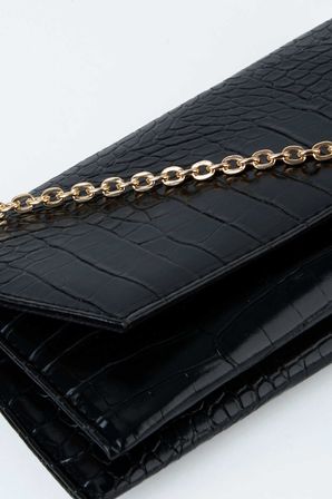 Kadın Croco Siyah Zarf Tasarım 2 Bölmeli Mini Zincir Askılı Çıt Çıt Kapama Clutch Ve El Çantası
