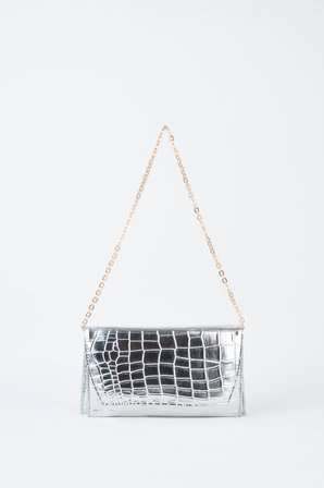 Kadın Croco Gümüş Zarf Tasarım 2 Bölmeli Mini Zincir Askılı Çıt Çıt Kapama Clutch Ve El Çantası