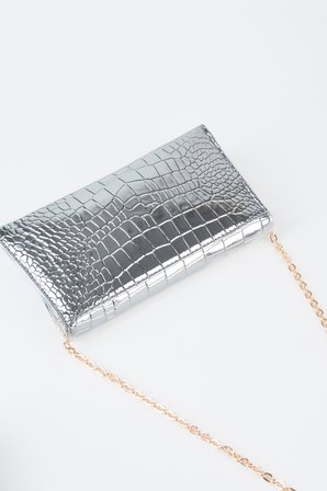 Kadın Croco Gümüş Zarf Tasarım 2 Bölmeli Mini Zincir Askılı Çıt Çıt Kapama Clutch Ve El Çantası