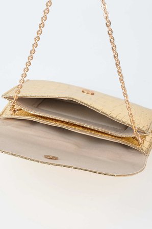 Kadın Croco Gold Zarf Tasarım 2 Bölmeli Mini Zincir Askılı Çıt Çıt Kapama Clutch Ve El Çantası