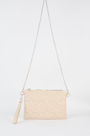 Kadın Krem Yıldız Nakışlı Suni Deri Bilek Ve Zincir Askılı Portföy El Ve Clutch Çanta