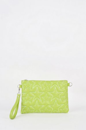 Kadın Neon Yeşil Yıldız Nakışlı Suni Deri Bilek Ve Zincir Askılı Portföy El Ve Clutch Çanta