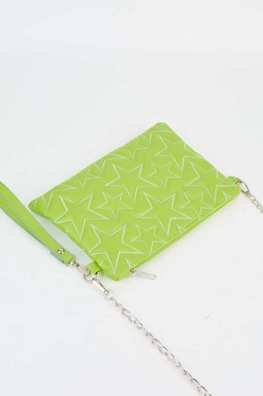 Kadın Neon Yeşil Yıldız Nakışlı Suni Deri Bilek Ve Zincir Askılı Portföy El Ve Clutch Çanta